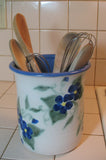Crock Utensil Jar with Blue 2-Flower Design