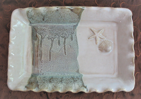 Rectangle Platter with Shell and Starfish in Our Espresso Mint Glaze