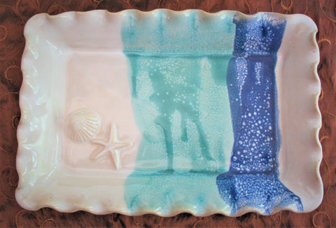 Rectangle Platter with Shell and Starfish in Our Light Ocean Breeze Glaze
