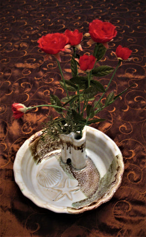 Bud Vase with Shell and Starfish in Espresso Mint Glaze