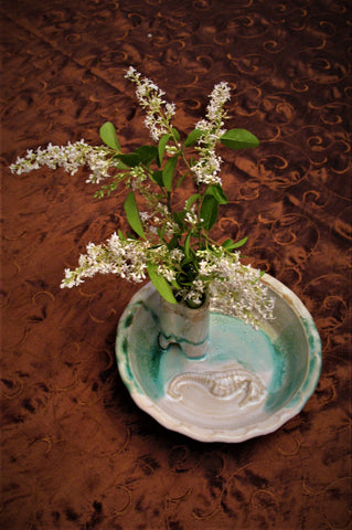 Bud Vase with a Sea Horse in our Sandy Shores Glaze