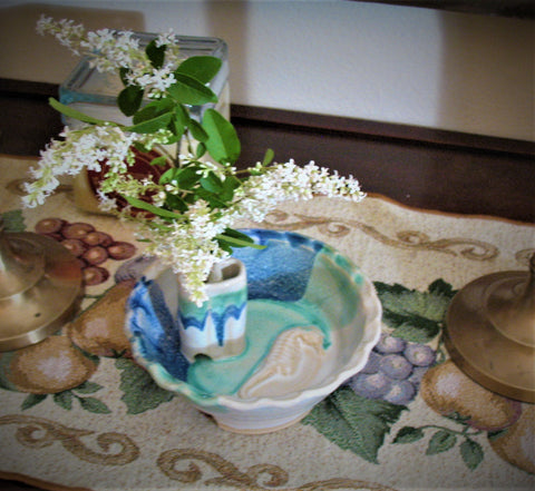 Bud Vase with a Sea Horse in our Ocean Breeze Glaze