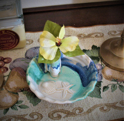 Bud Vase with a Shell and Starfish in our Ocean Breeze Glaze