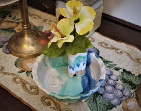 Bud Vase with a Sea Turtle in our Ocean Breeze Glaze