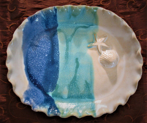 Oval Plate with Shell and Starfish in Ocean Breeze Glaze