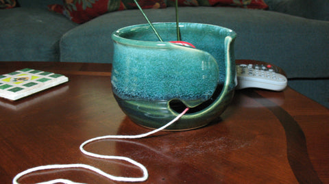 Petite White Mint Green Yarn bowl, Knitting Bowl Small Ceramic
