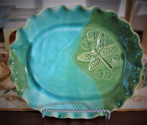 Oval Plate with Dragonfly in Emerald Isle Green