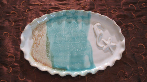 Oval Plate with Seahorse and Starfish in Sandy Shores Glaze