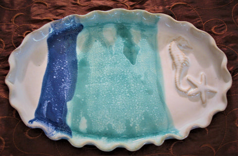 Oval Plate with Seahorse and Starfish in Ocean Breeze Glaze