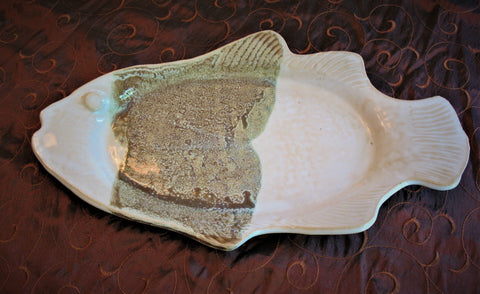 Long Fish Serving Platter in Our Espresso Mint Glaze Pattern